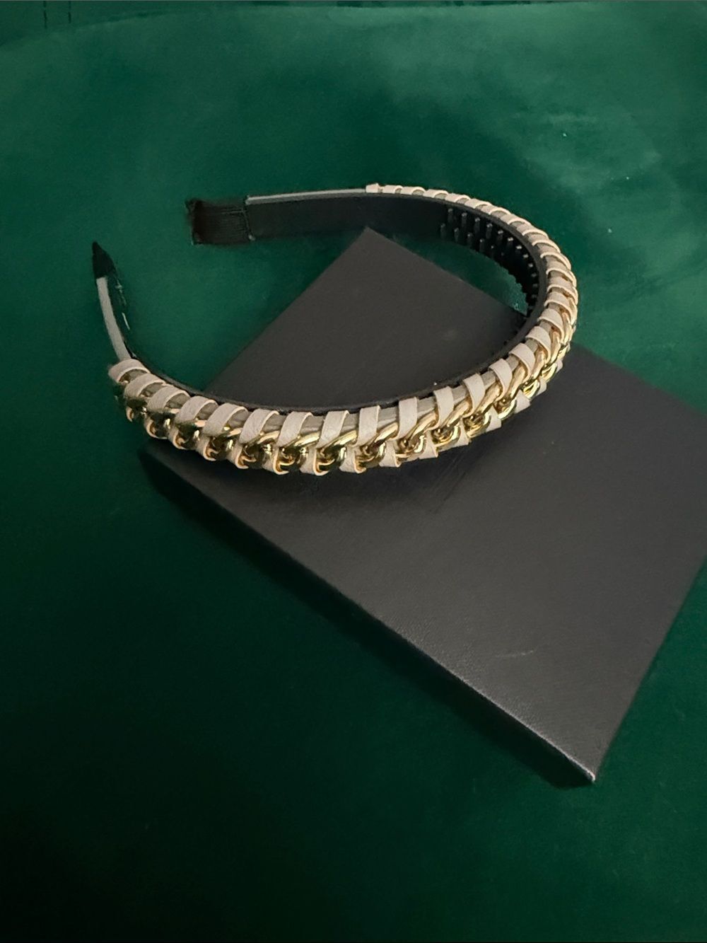 Gold Chain-Trim Gray Leather Headband - Women - BRAND NEW Thin Hair Accessory